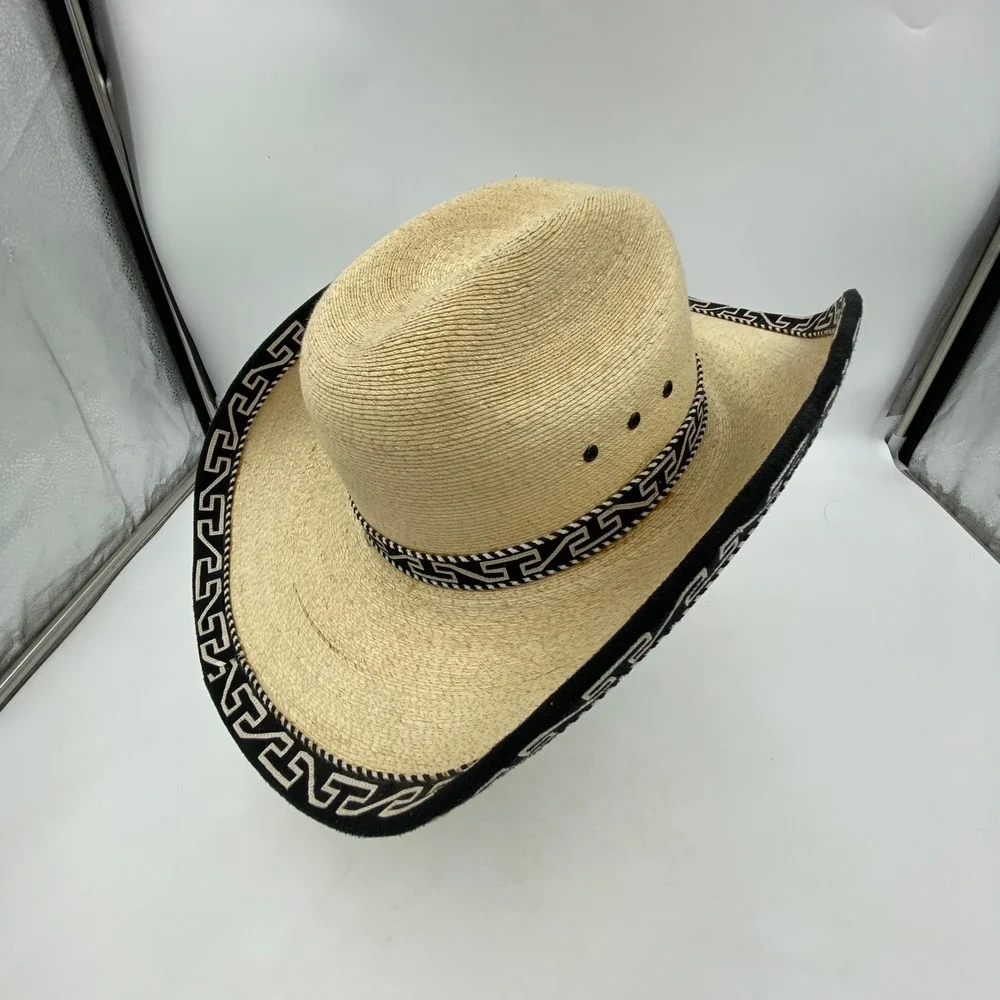 Large Straw Cowboy Hat Beige Black Greek Key Trim Western Rodeo Festival Charro